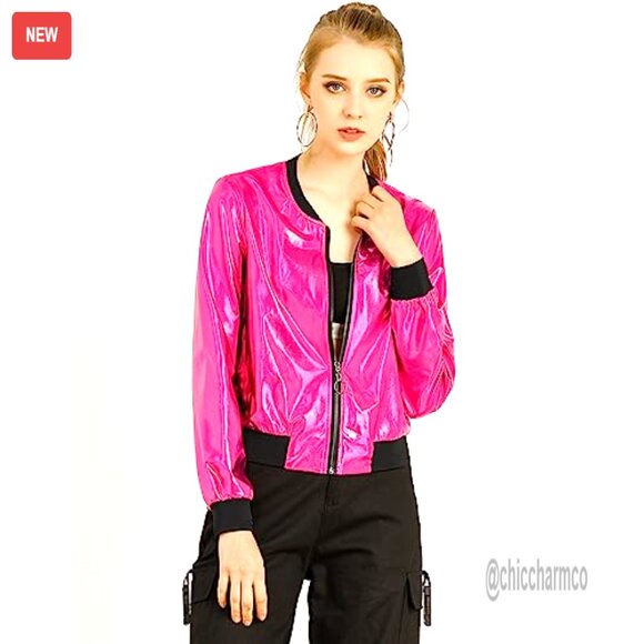 Shimmering Metallic Bomber Jacket Hooded Casual Y2K Chic Party Wear - Picture 3 of 5